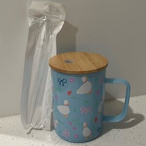 NEW! Vintage Ducks, Floral & Bows Blue Mug w/ Handle, Bamboo Lid & Glass Straw